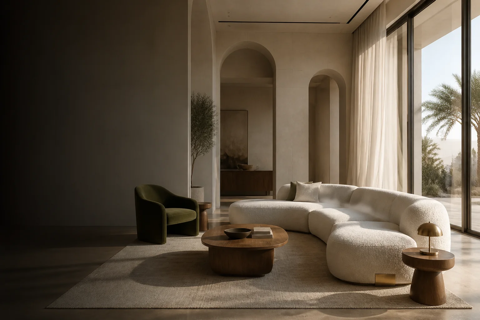 A warm contemporary living room furnished by NESTRO